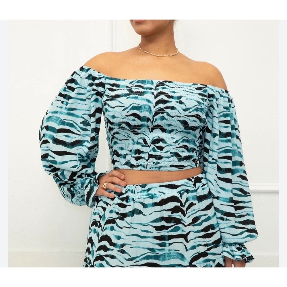 Eloquii Elements Blue Animal Print Smocked Puff Sleeve Crop Top 18/20